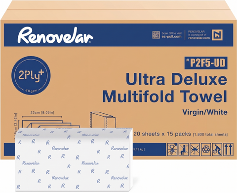 Renovelar™ Ultra Deluxe 2-Ply+ Multifold Paper Towels — 120 Sheets × 15 Packs White